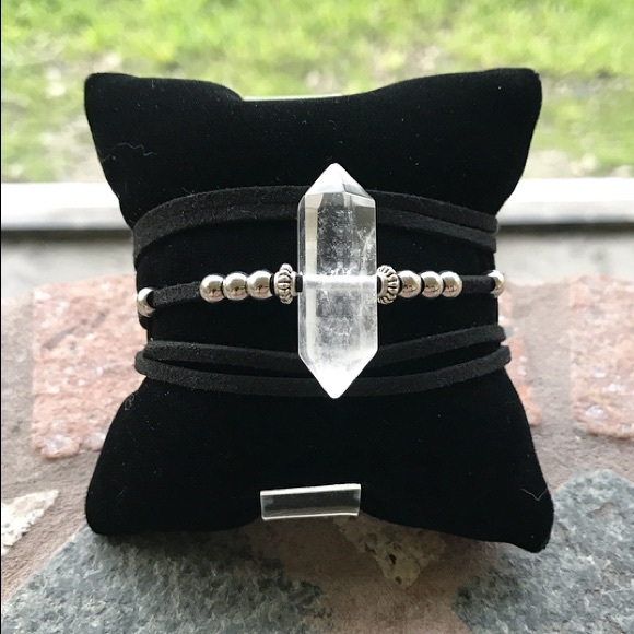 Crystal wrap bracelet . Wrap around black suede cord crystal quartz double point - Picture 2 of 8